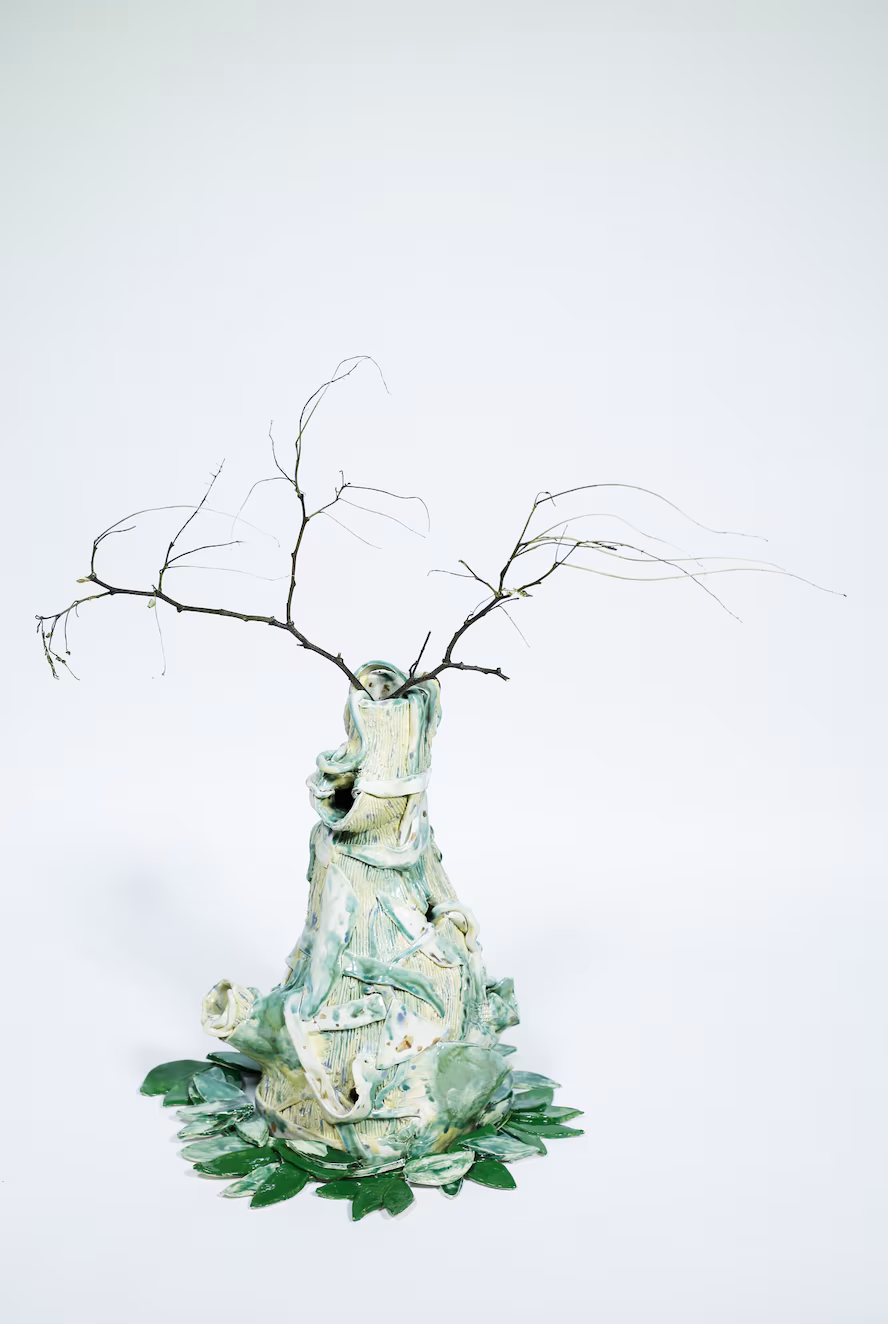 The leaves fell, falling, until the only tree was the falling itself (2025), glazed ceramics, driftwood, found natural materials, salt, dimensions variable.