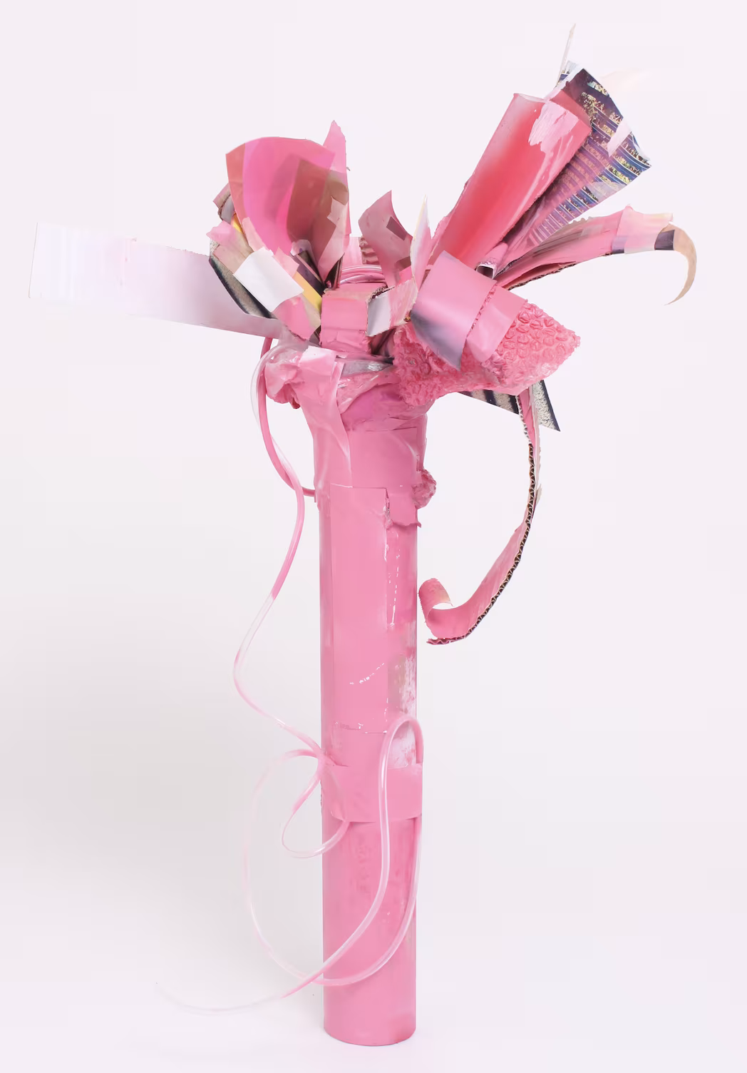 Utopian Dreams (2020). Paper, card, packaging material, reclaimed plastic, bubble wrap, tape and spray paint. 90 x 20 x 20 cm 